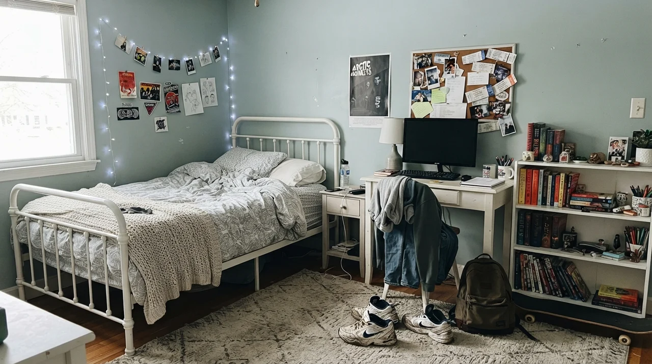 Teenager bedroom with white metal bed and painted walls under bright daylight