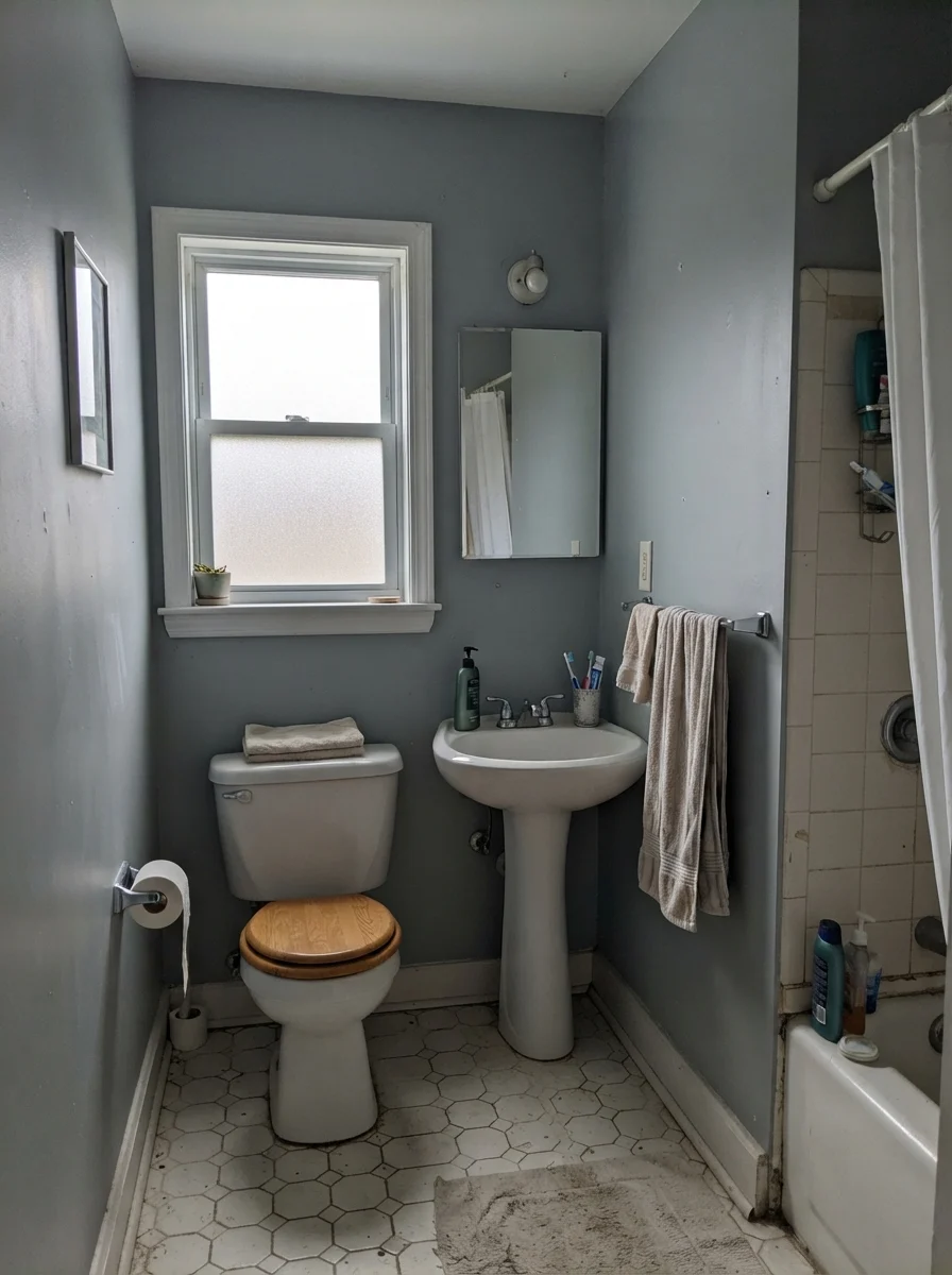Small bathroom on an overcast day with Boothbay Gray walls and white plumbing fixtures.