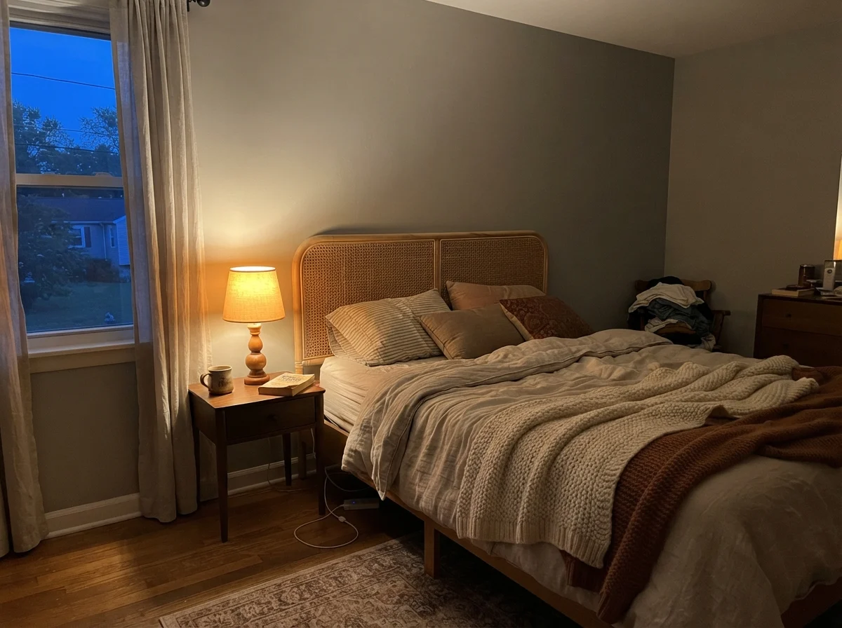 Bedroom at dusk with a glowing table lamp against Benjamin Moore Boothbay Gray walls.