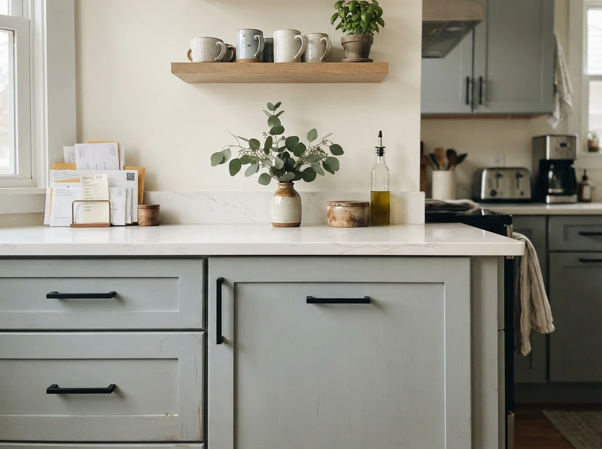 Detail view of Boothbay Gray cabinet doors with matte black handles and quartz counters.