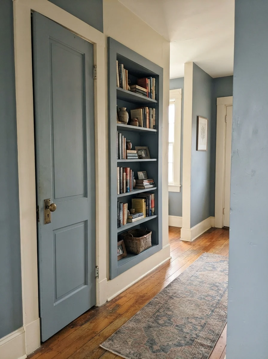 Hallway featuring a painted blue-gray door and built-in bookcase with brass hardware.