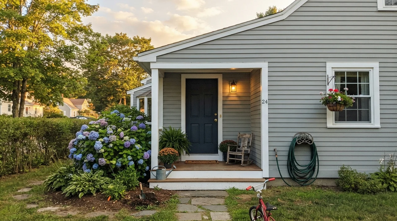 Home exterior with horizontal siding painted Boothbay Gray, white trim, and a navy door.