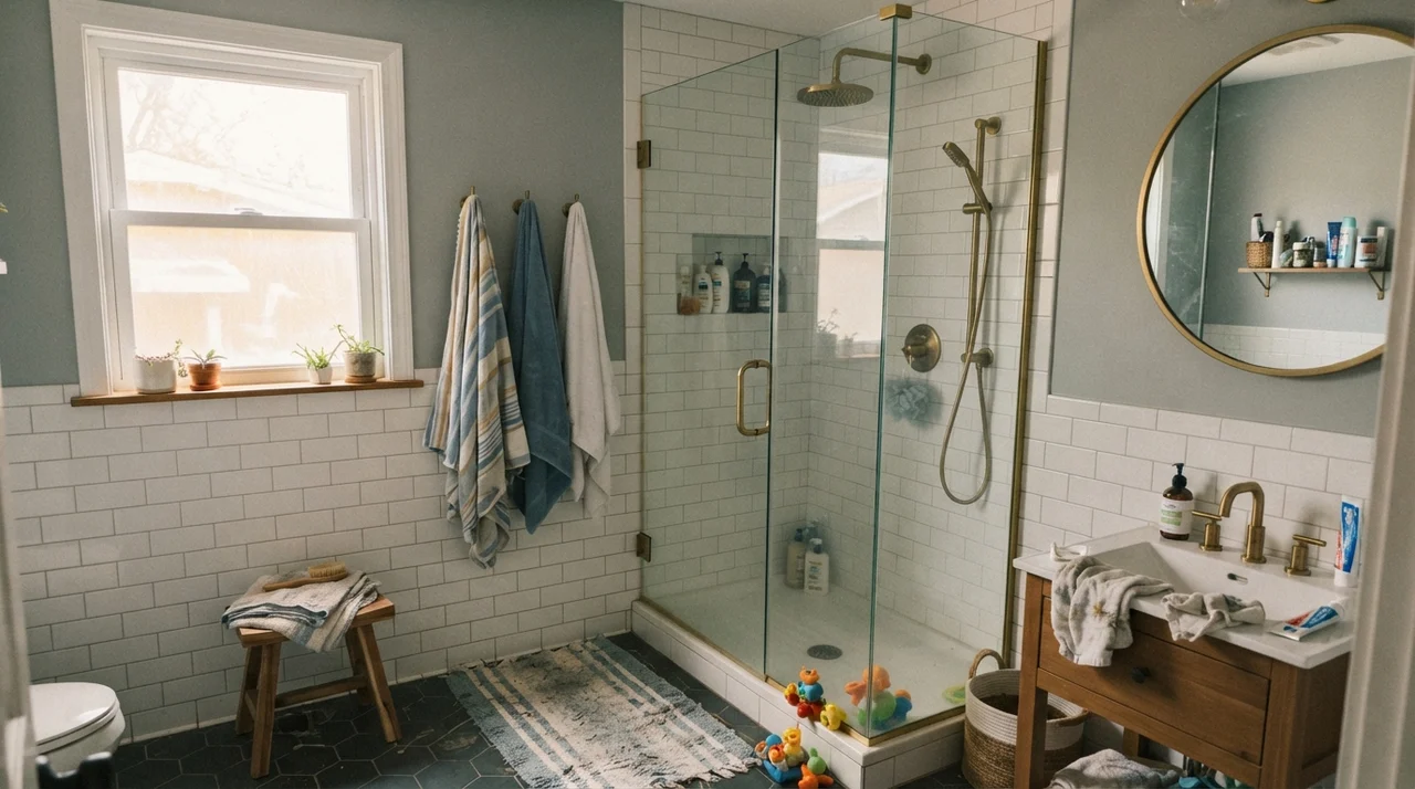 Family bathroom with upper walls painted Benjamin Moore Boothbay Gray above white subway wainscoting with brass fixtures.