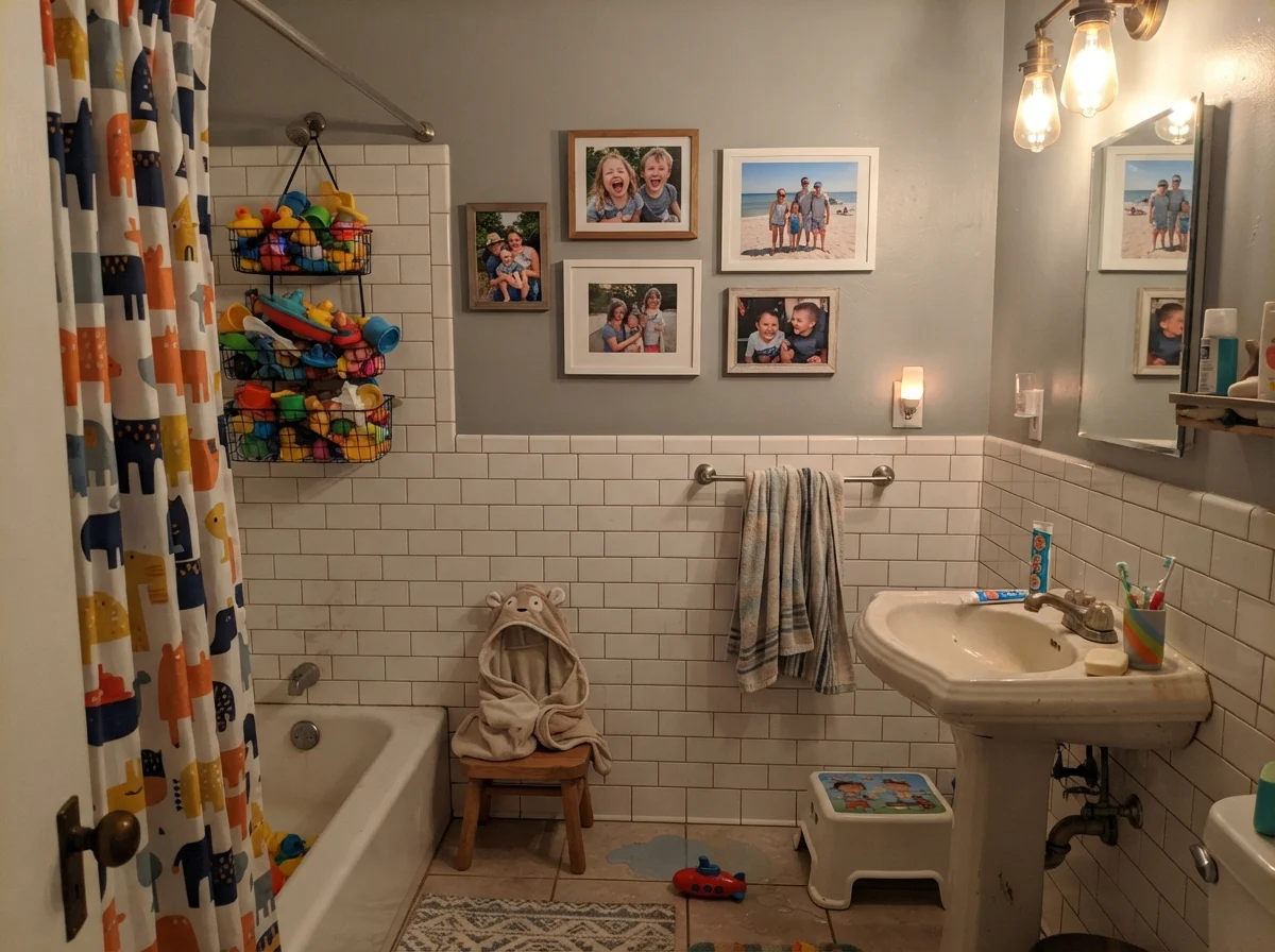 Kids bathroom with white subway wainscot and painted walls under warm lighting.