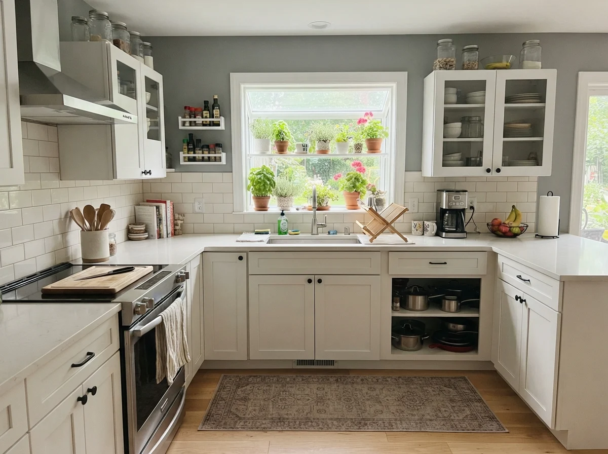 Kitchen with shaker cabinets painted in Boothbay Gray, white counters, and oak flooring.