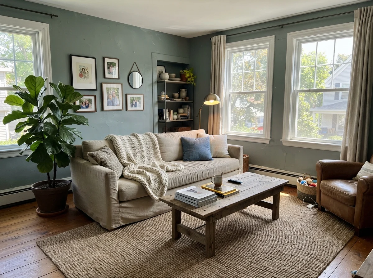 Sunlit living room with Boothbay Gray walls, linen sofa, and wood coffee table.