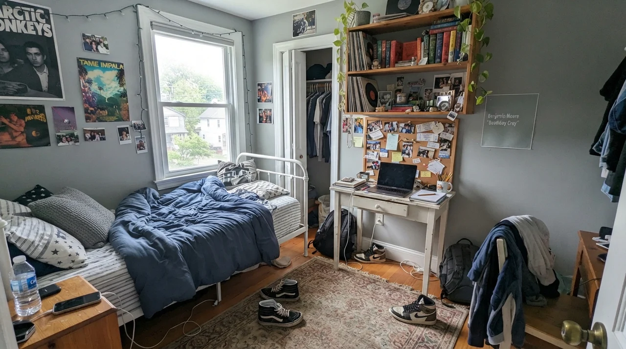 Teenager bedroom with white furniture and desk against Boothbay Gray walls.