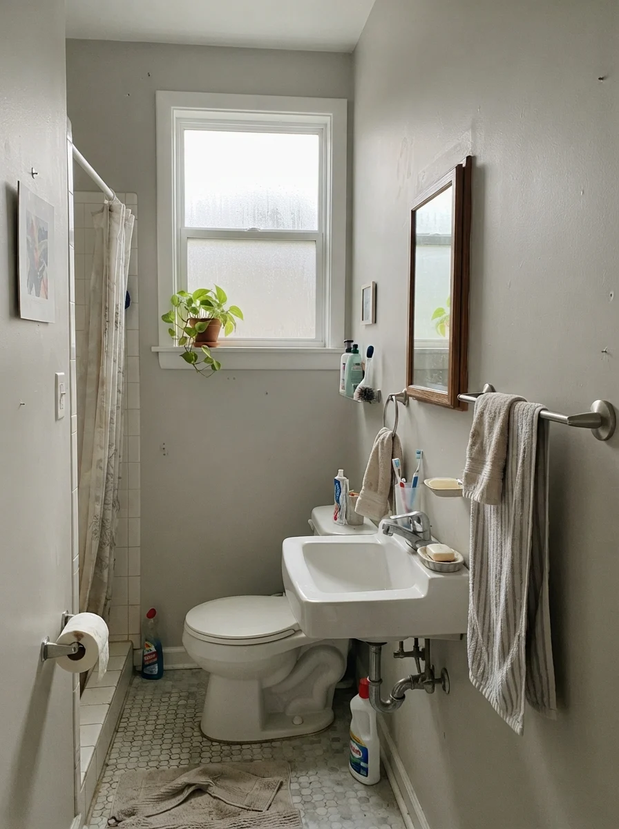 Small bathroom on an overcast day with Benjamin Moore Calm reading muted gray.