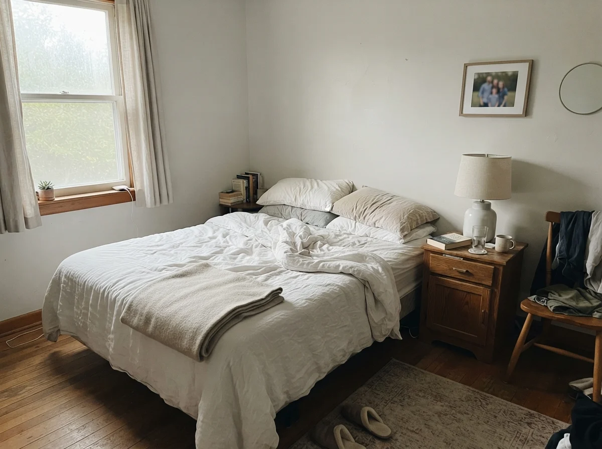 Bedroom in cool early-morning light with Benjamin Moore Calm painted walls and white bedding.