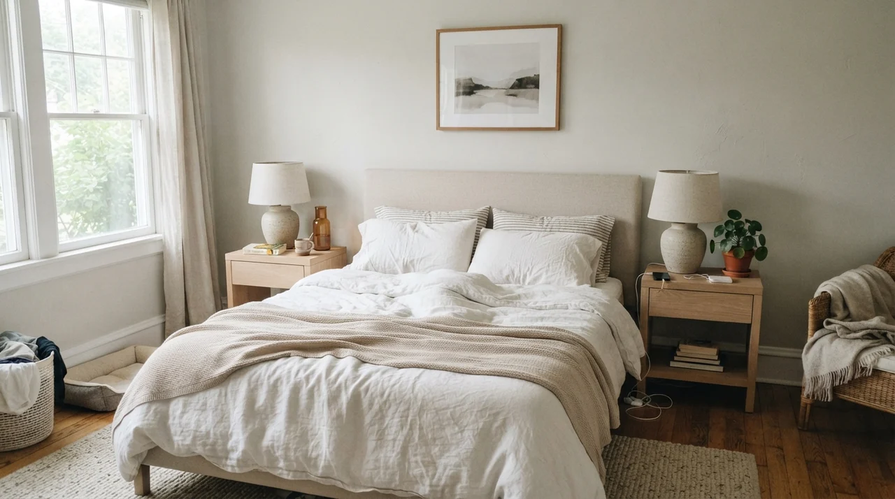 Main bedroom with white linen bedding and Benjamin Moore Calm walls.
