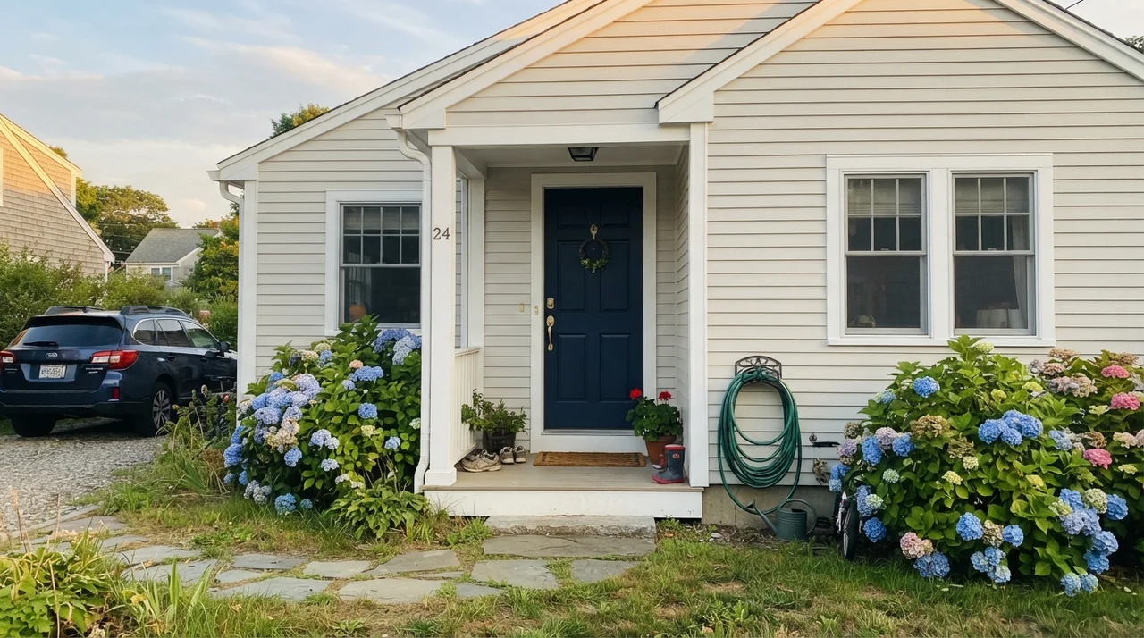 House exterior horizontal siding painted in Benjamin Moore Calm with navy front door.