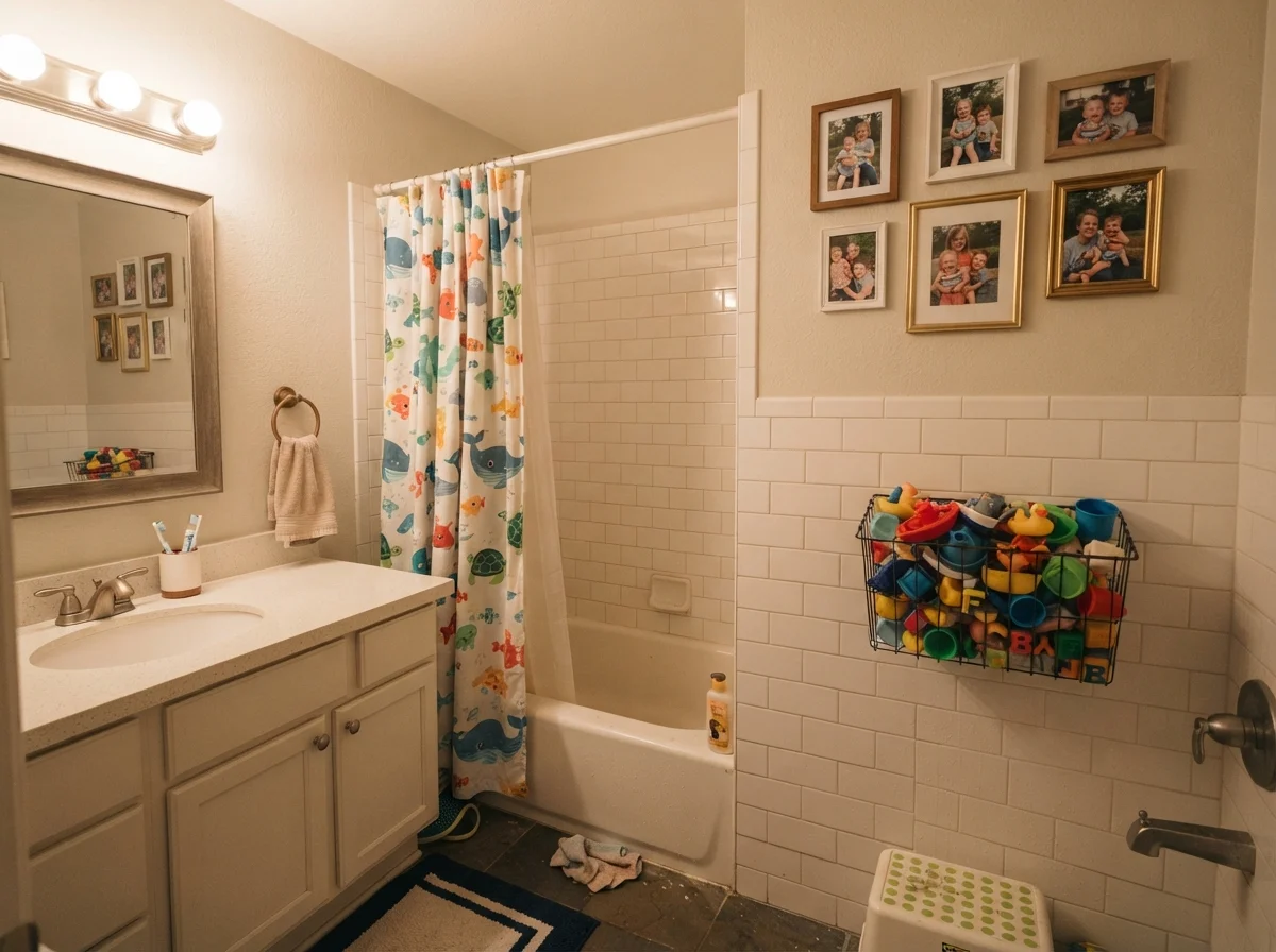 Kids bathroom with Calm on walls above subway tile and wire toy basket.
