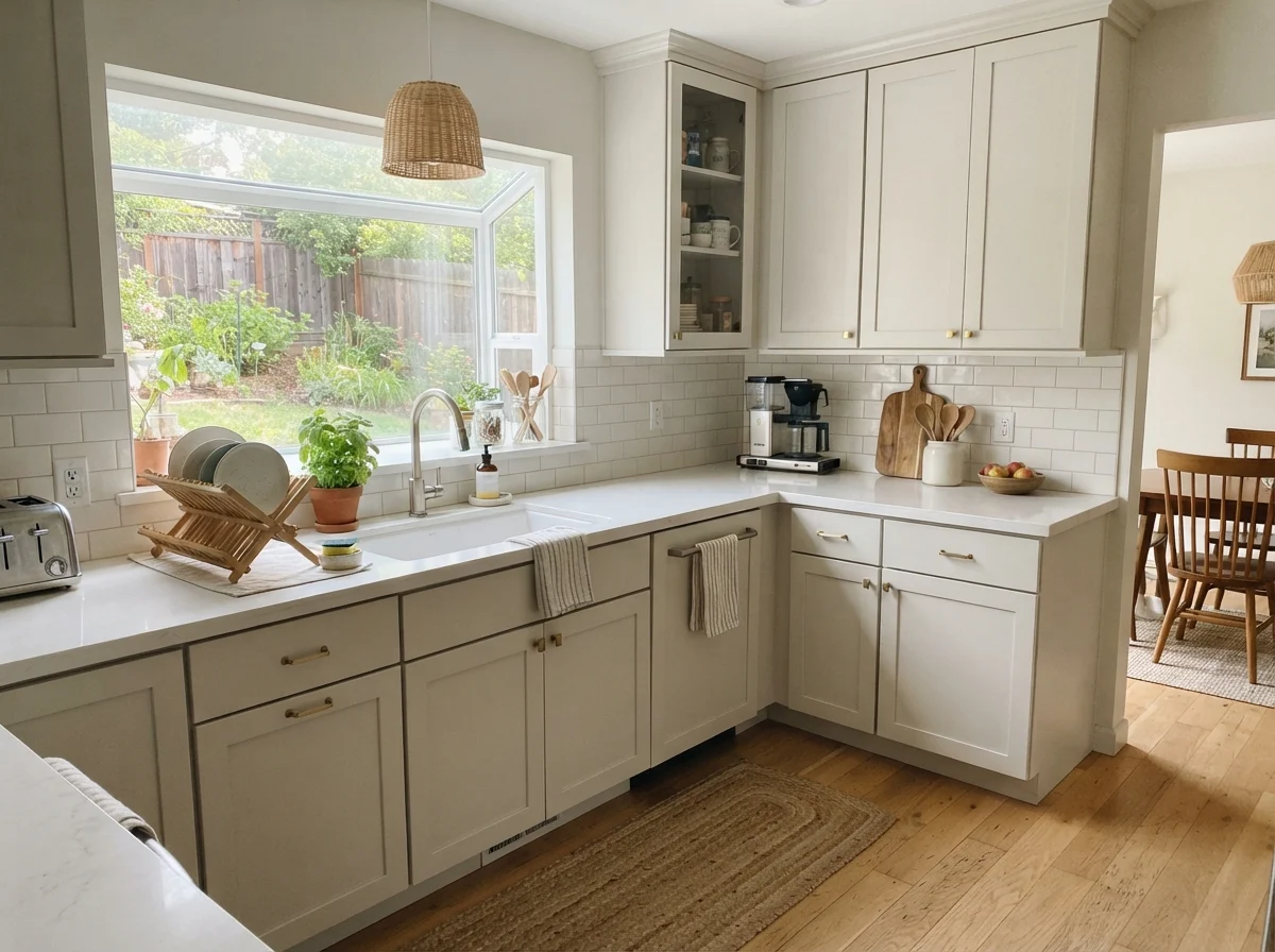 Kitchen shaker cabinets painted in Benjamin Moore Calm with white subway backsplash.
