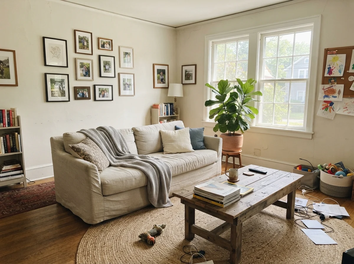 Living room filled with midday sun highlighting Benjamin Moore Calm on the walls.