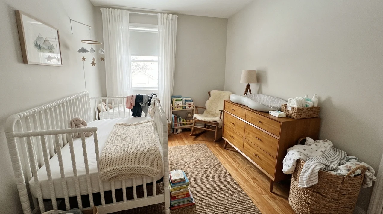 Nursery with crib and dresser against walls painted in Benjamin Moore Calm.