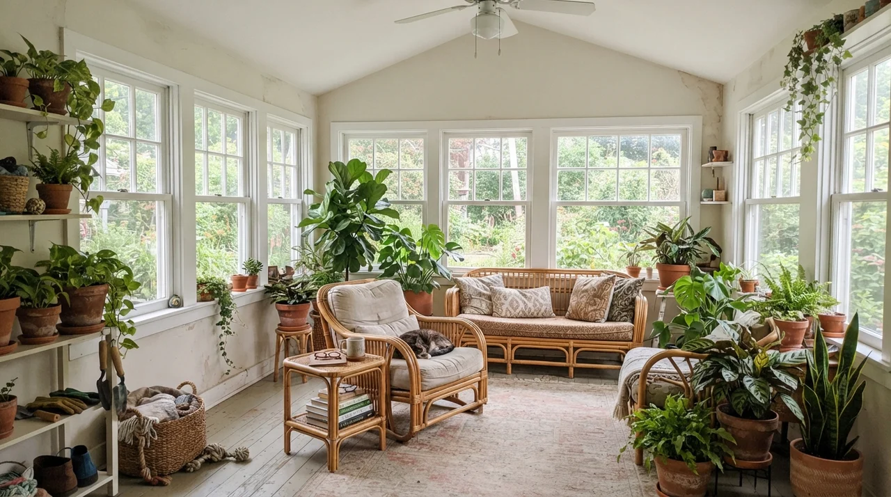 Sunroom with white-framed windows, rattan furniture, and Benjamin Moore Calm walls.