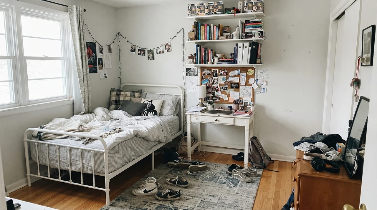 Teenager bedroom with desk and metal bed against Benjamin Moore Calm walls.