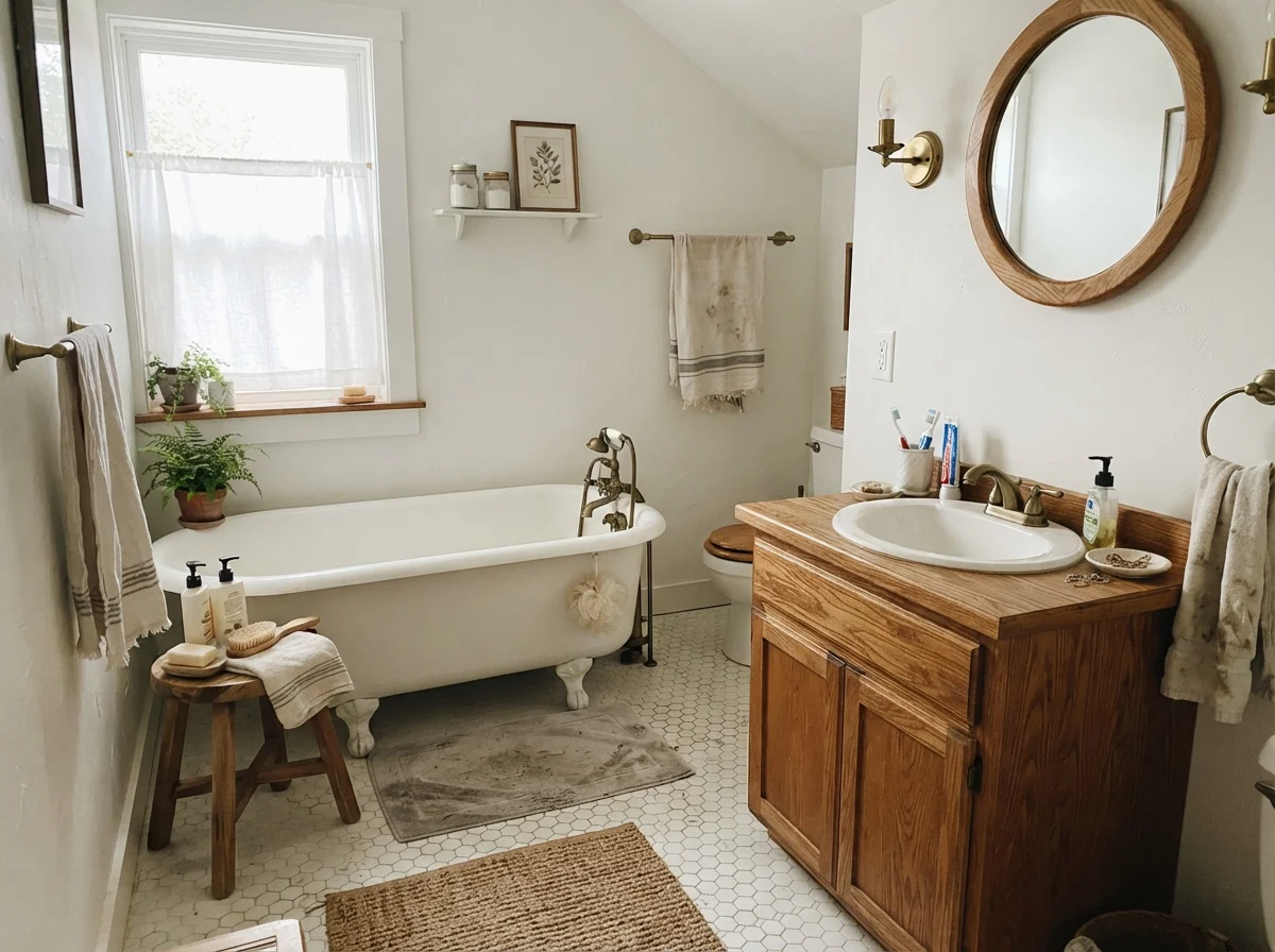 Cottage bathroom with white clawfoot tub, white hex tile floor, oak vanity, and painted walls in morning light.