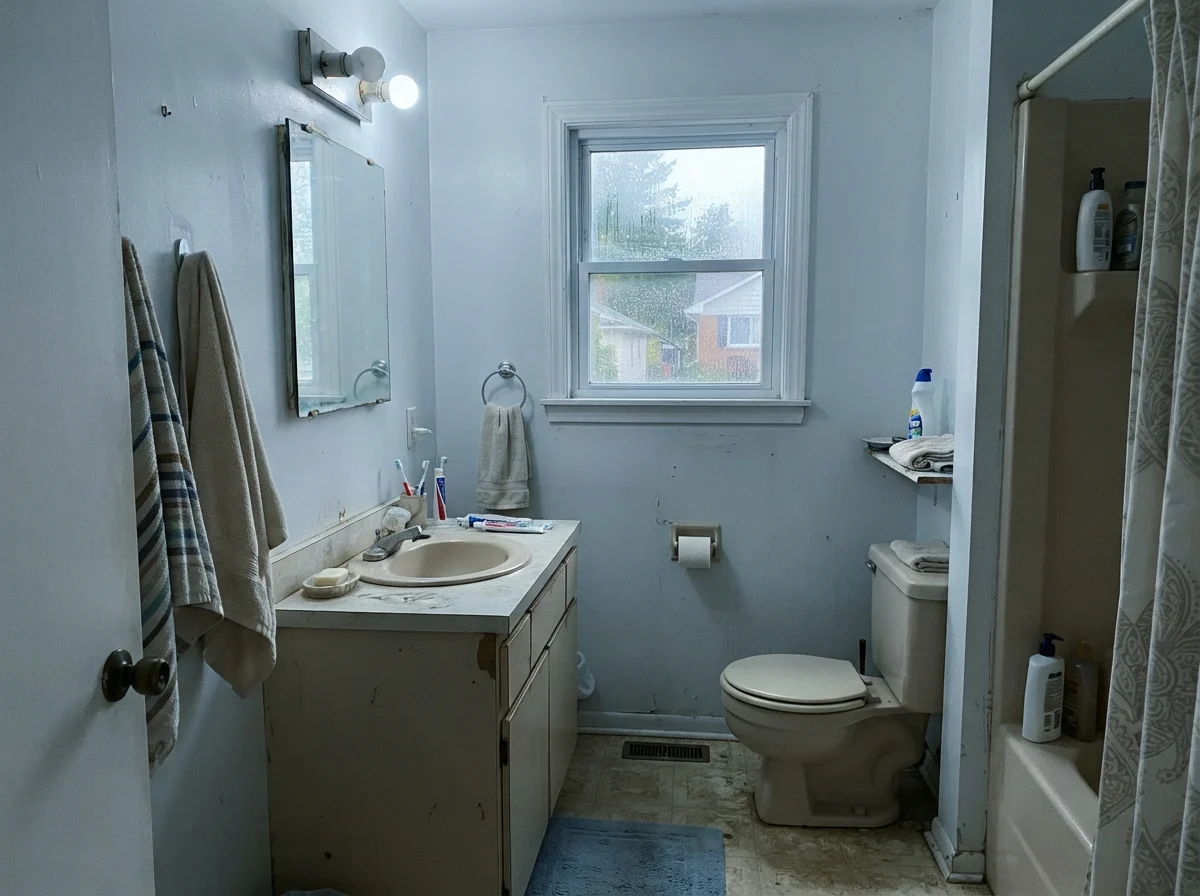 Modest bathroom with cool north light casting a blue tone on painted walls above older beige vanity.
