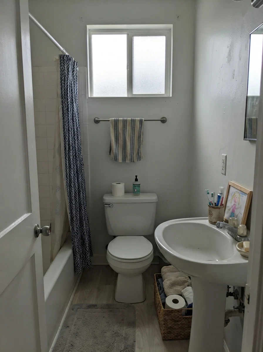 Small bathroom with painted walls looking muted in flat overcast daylight with white fixtures.