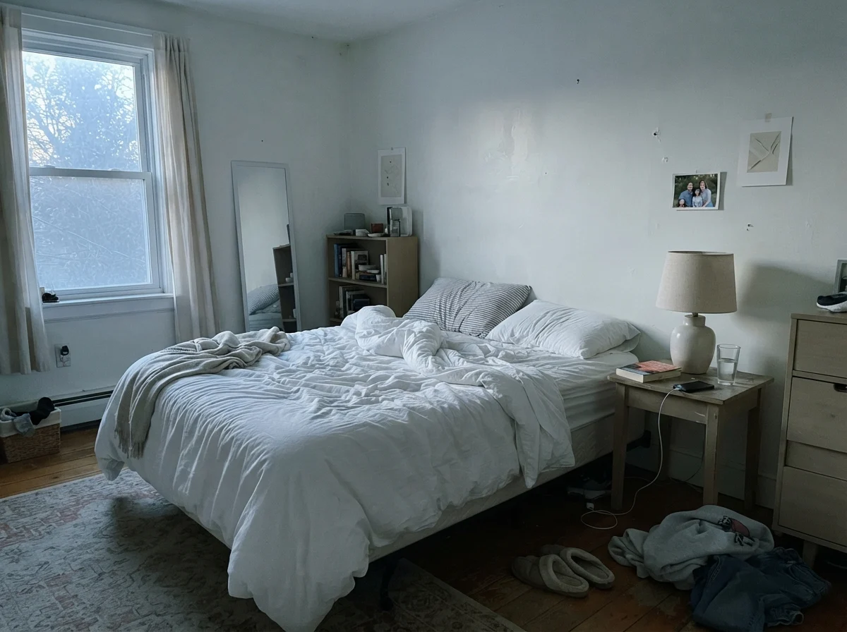 Simple bedroom in cool morning daylight with unmade white bedding, wood nightstand, and painted walls.