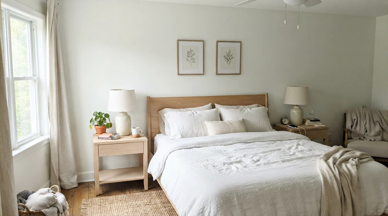 Serene main bedroom with painted walls, white linen bedding, pale oak nightstands, and ceramic lamps.