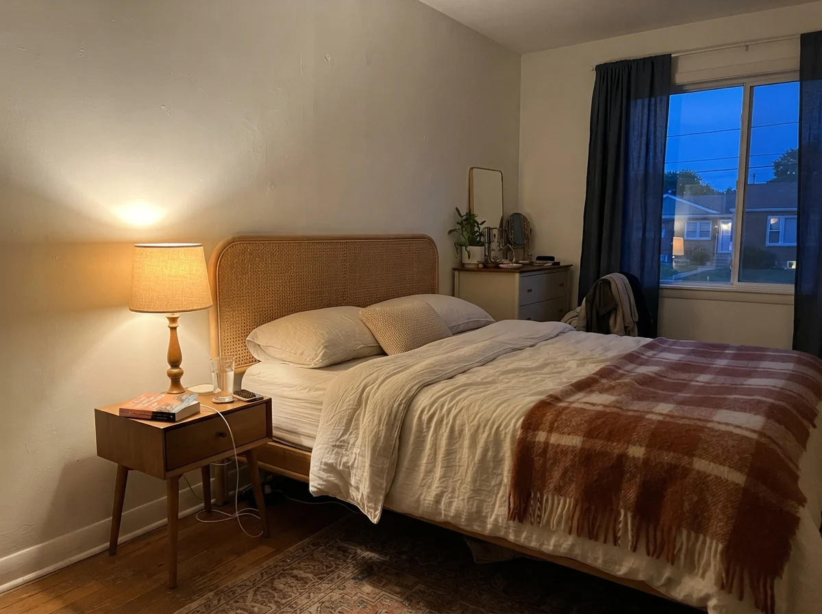 Bedroom at dusk with warm table lamp lighting painted wall, cane headboard, and cozy blanket.