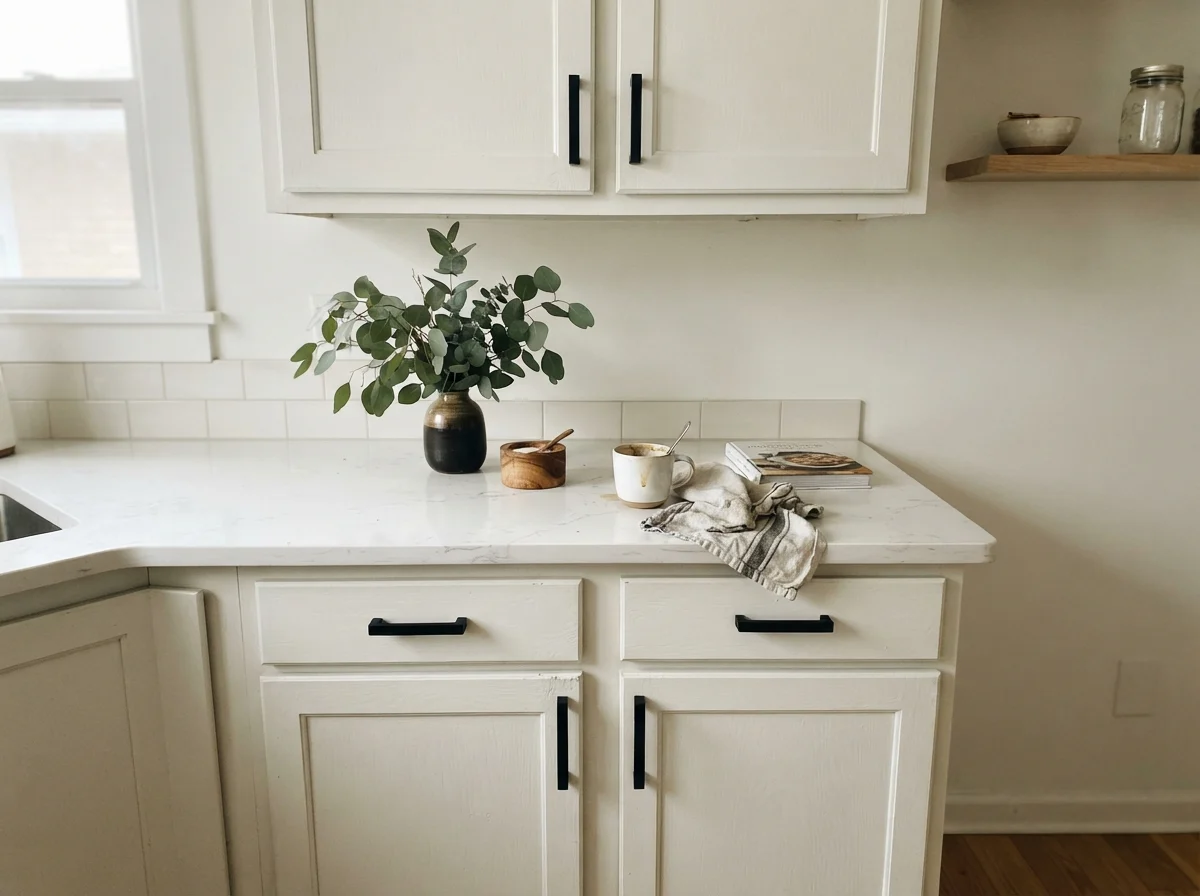 Close-up of shaker cabinet doors with matte black handles and white quartz countertop.