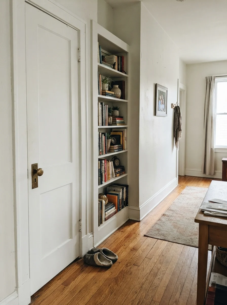 Hallway showing a two-panel interior door and built-in bookshelf painted Chantilly Lace with cream walls and brass hardware.
