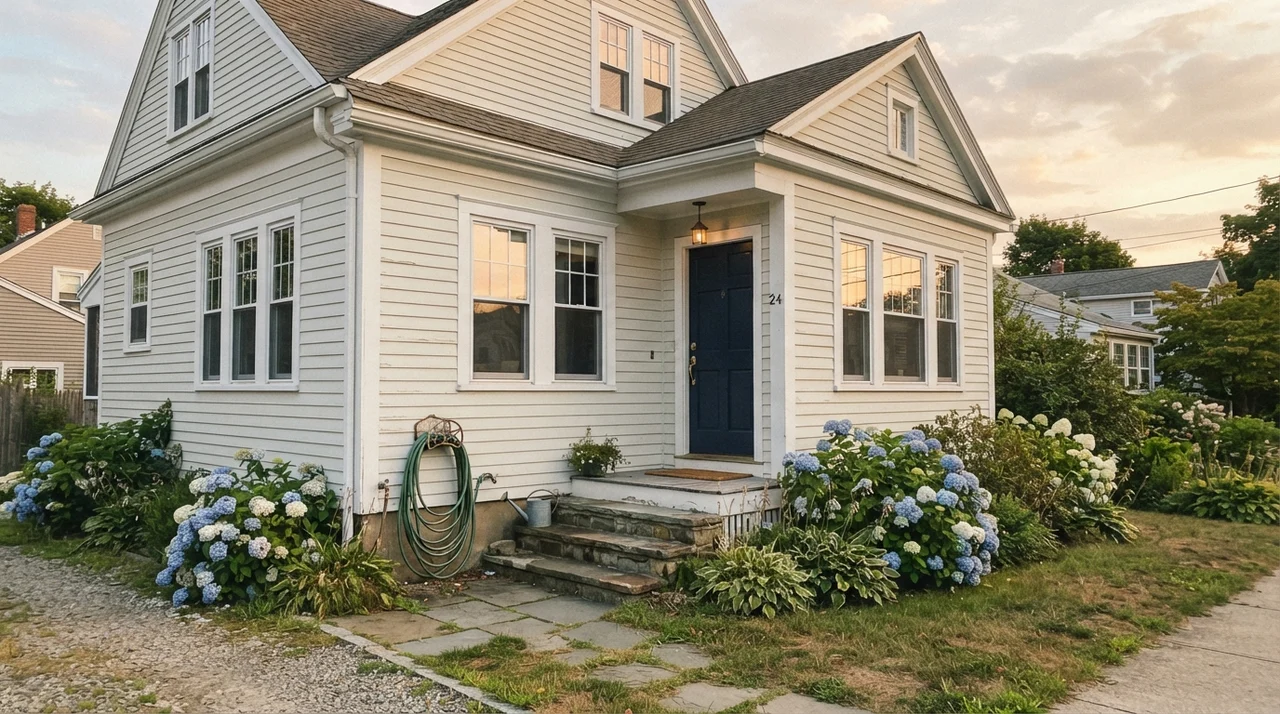 House exterior with horizontal siding painted Chantilly Lace, white trim, navy front door, and hydrangeas.