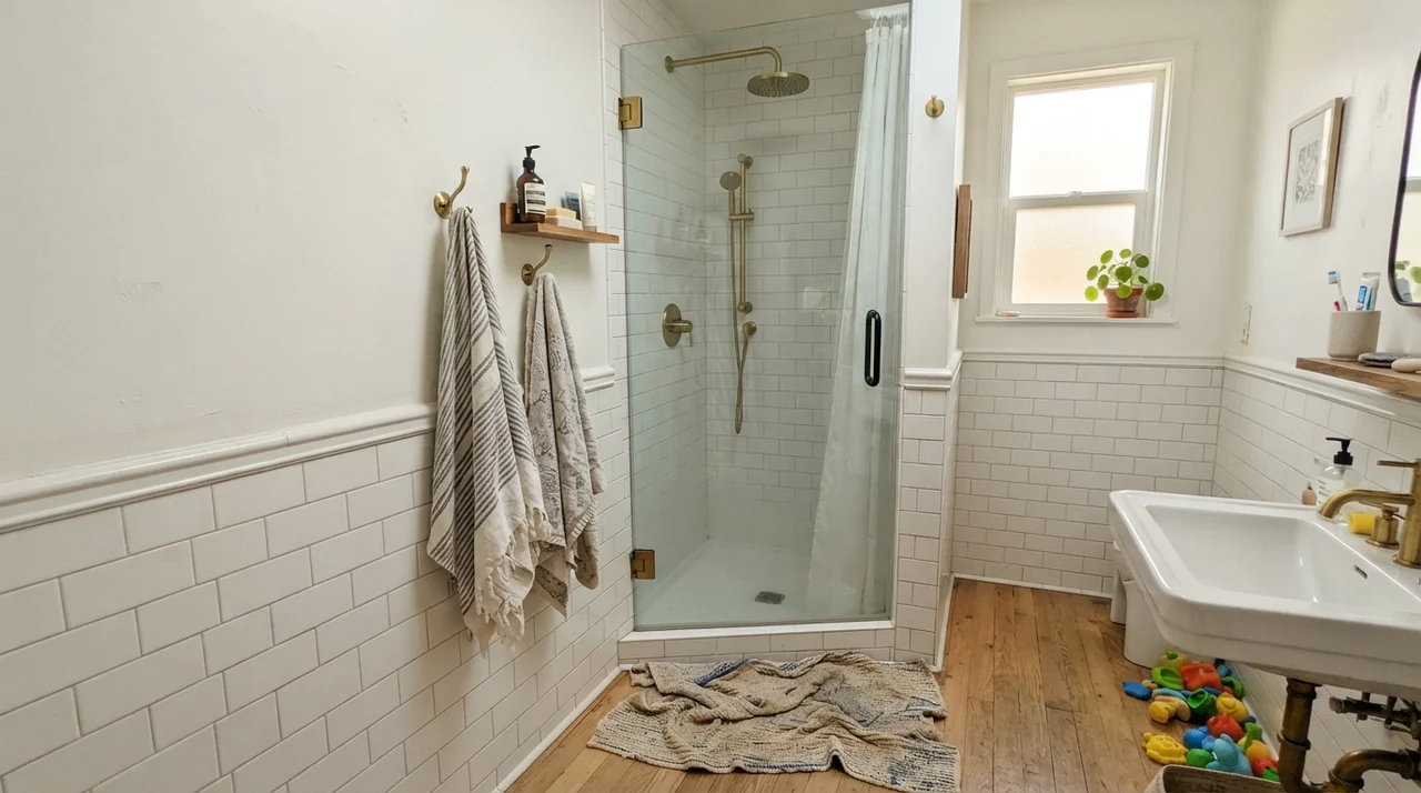 Family bathroom with upper walls painted above white subway tile wainscot, brass shower fixtures, glass shower door, towels on hooks, and bath mat.