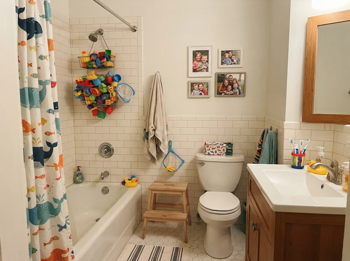 Kids' bathroom with painted walls over white subway tile, wire basket of colorful bath toys, and family photos.