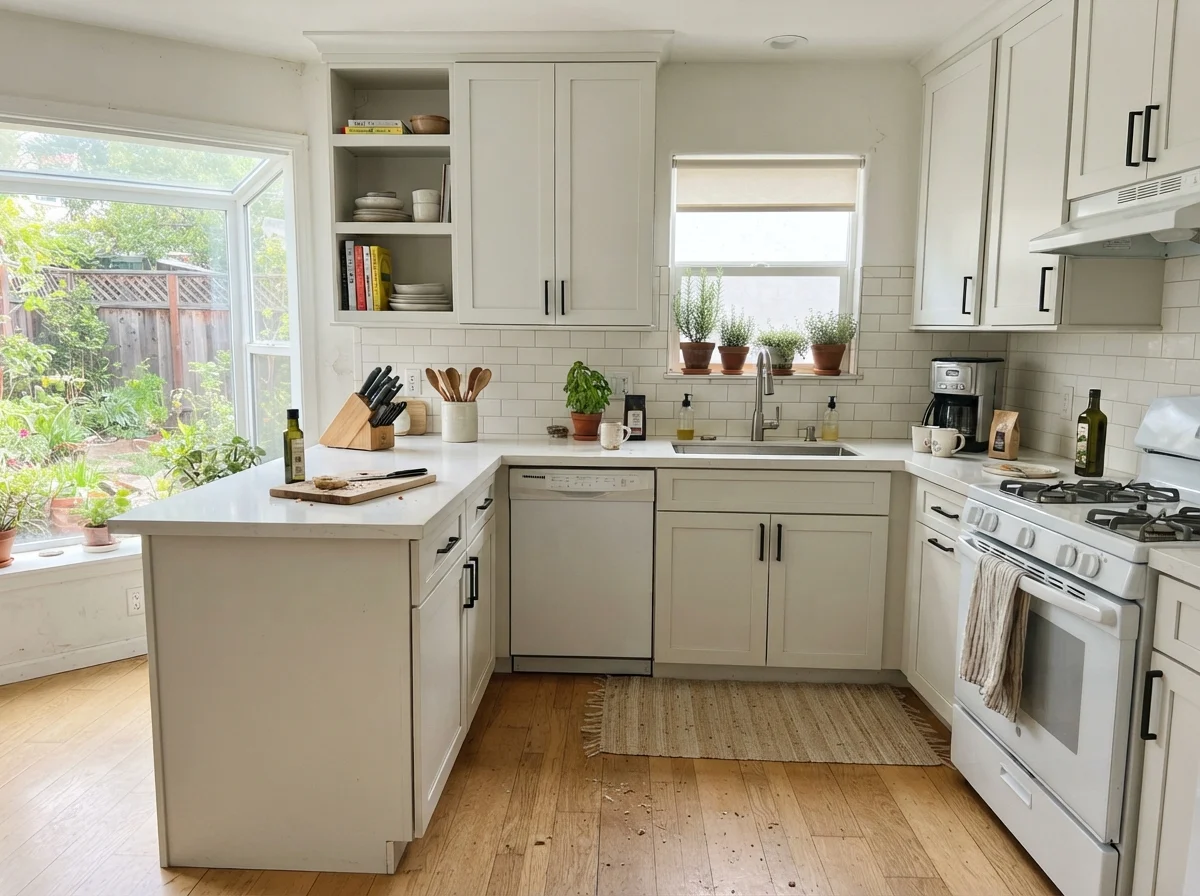 Kitchen with shaker cabinets painted Chantilly Lace, white counters, white subway backsplash, and light oak flooring.