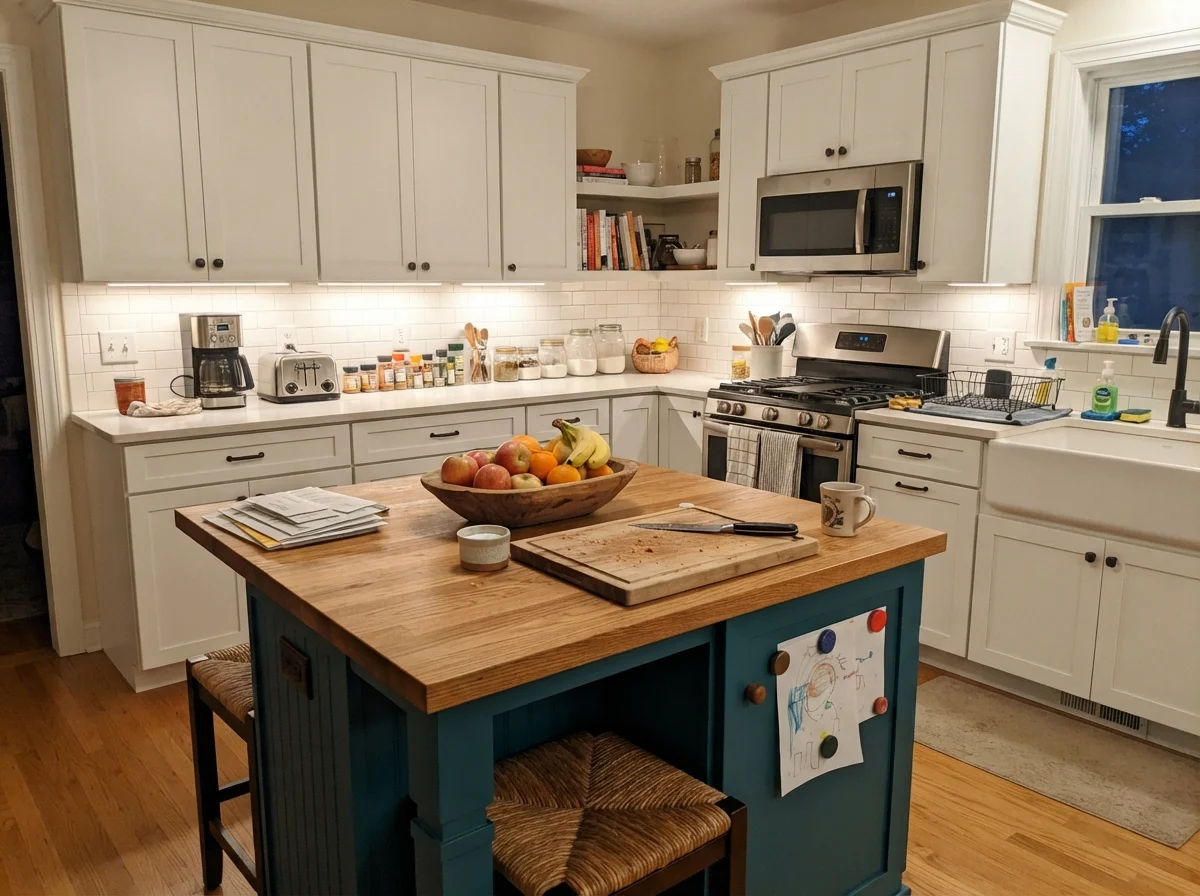 Kitchen island painted Chantilly Lace with cutting board and fruit bowl under warm kitchen lighting.