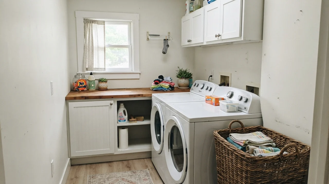 Small bright laundry room with painted walls, butcher-block counter over washer and dryer, and white cabinets.