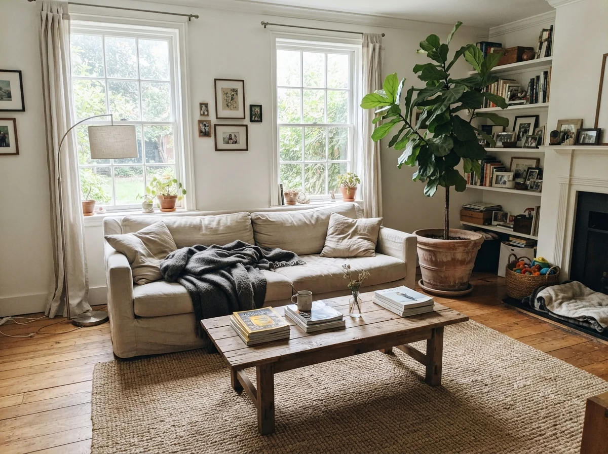 Bright living room in generous midday sun with linen sofa, jute rug, wood table, and painted walls.