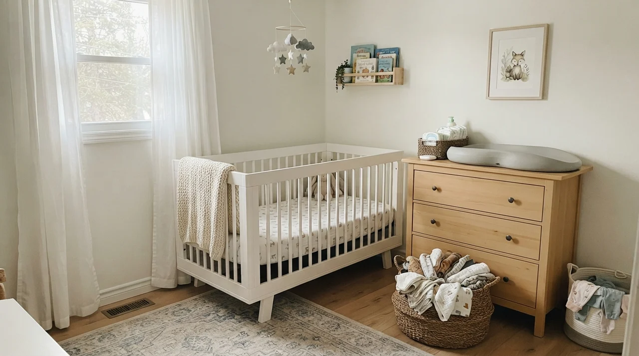 Nursery with painted walls, white crib, knit blanket, light-wood dresser, and woven basket of muslin cloths.