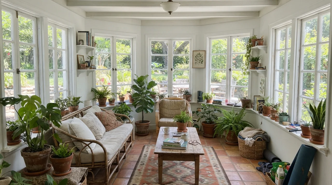 Bright sunroom with painted walls, multiple white-framed windows, rattan furniture, and terracotta potted plants.