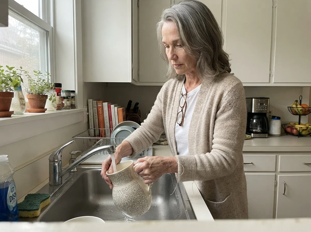 Susan Hartley at her kitchen sink in an oatmeal cardigan with reading glasses, framed by Chantilly Lace kitchen walls.
