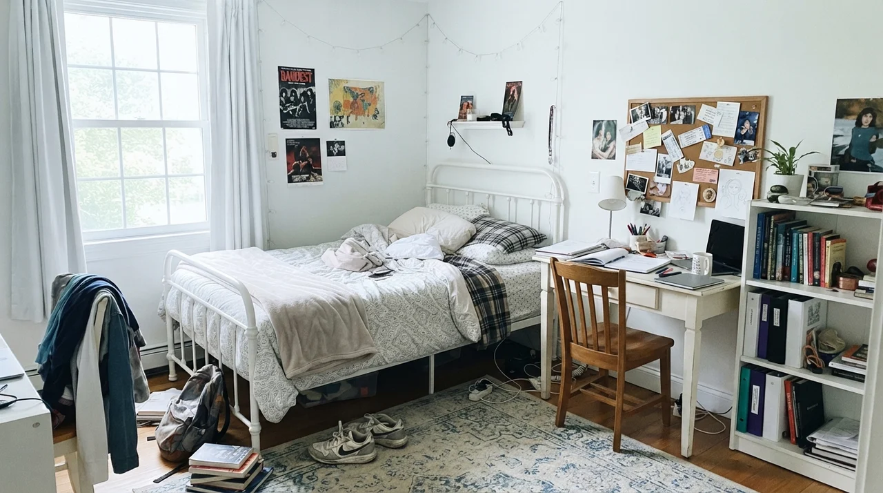 Teenager's bedroom with painted walls, white metal bed frame, desk, corkboard, open book shelves, and sneakers on rug.