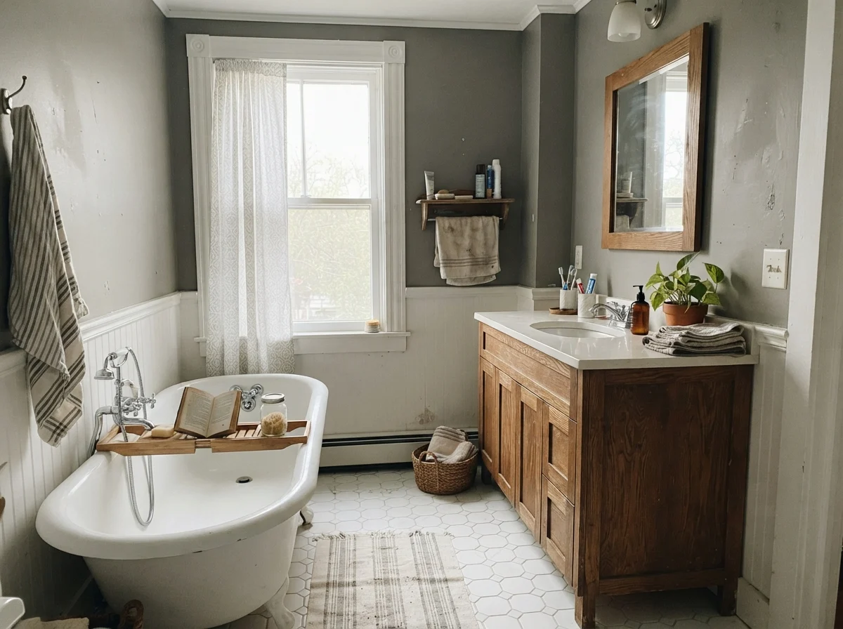 Cottage bathroom with Chelsea Gray walls, white clawfoot tub, and warm oak vanity.