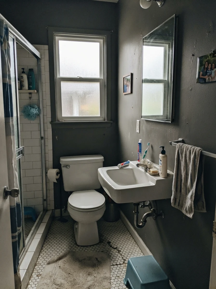 Small bathroom painted Chelsea Gray reading muted gray under flat daylight.