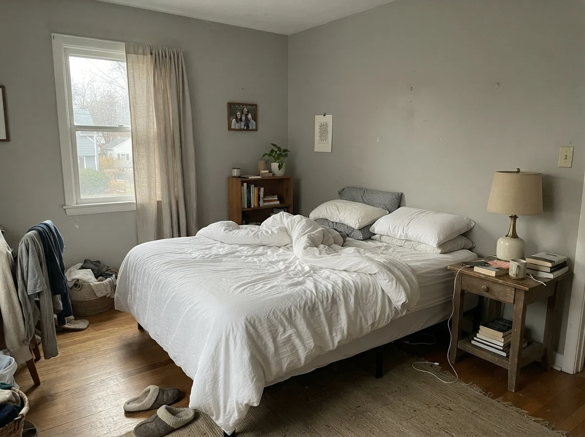 Bedroom with Chelsea Gray walls in pale morning light with unmade bed and wood nightstand.