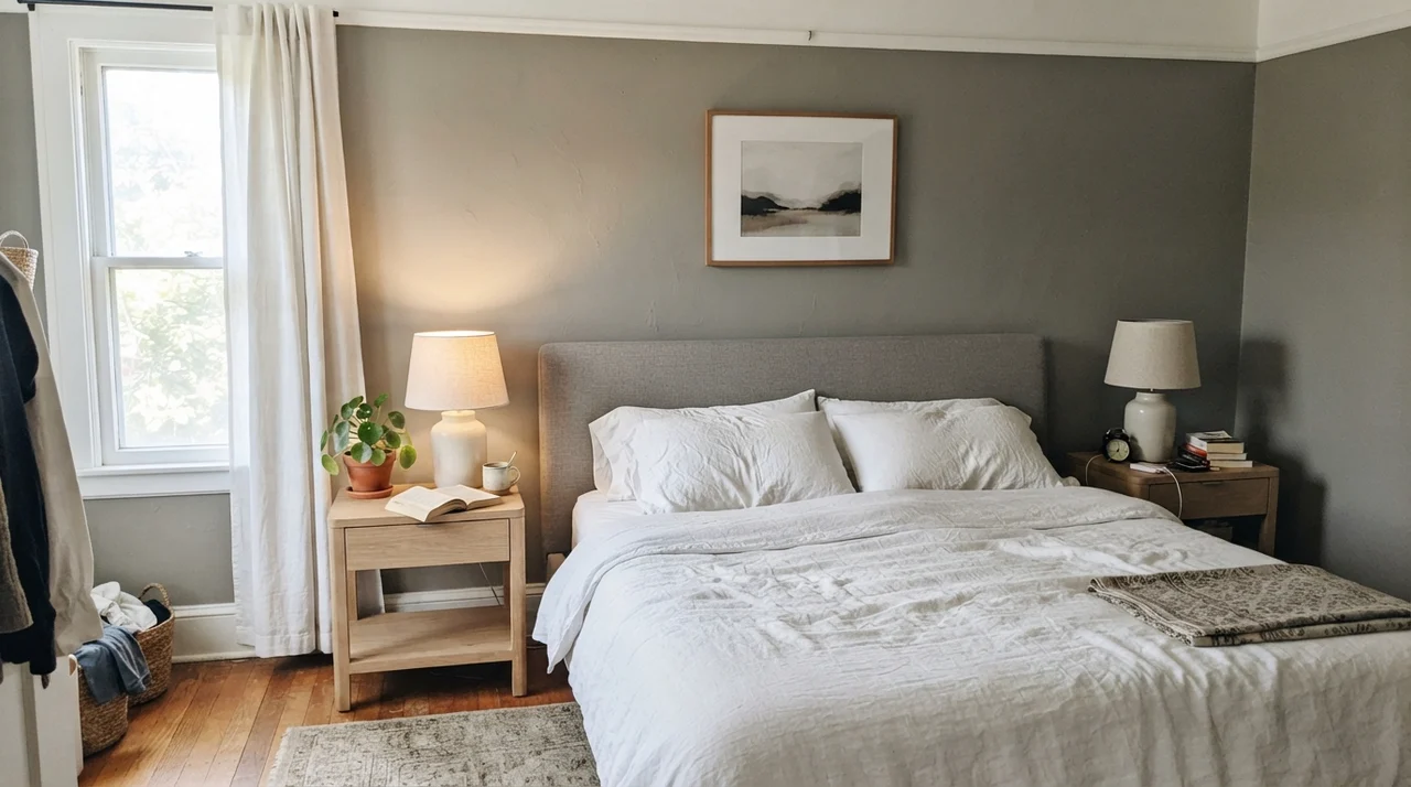 Main bedroom painted in Chelsea Gray with white linen bedding and pale oak nightstands.