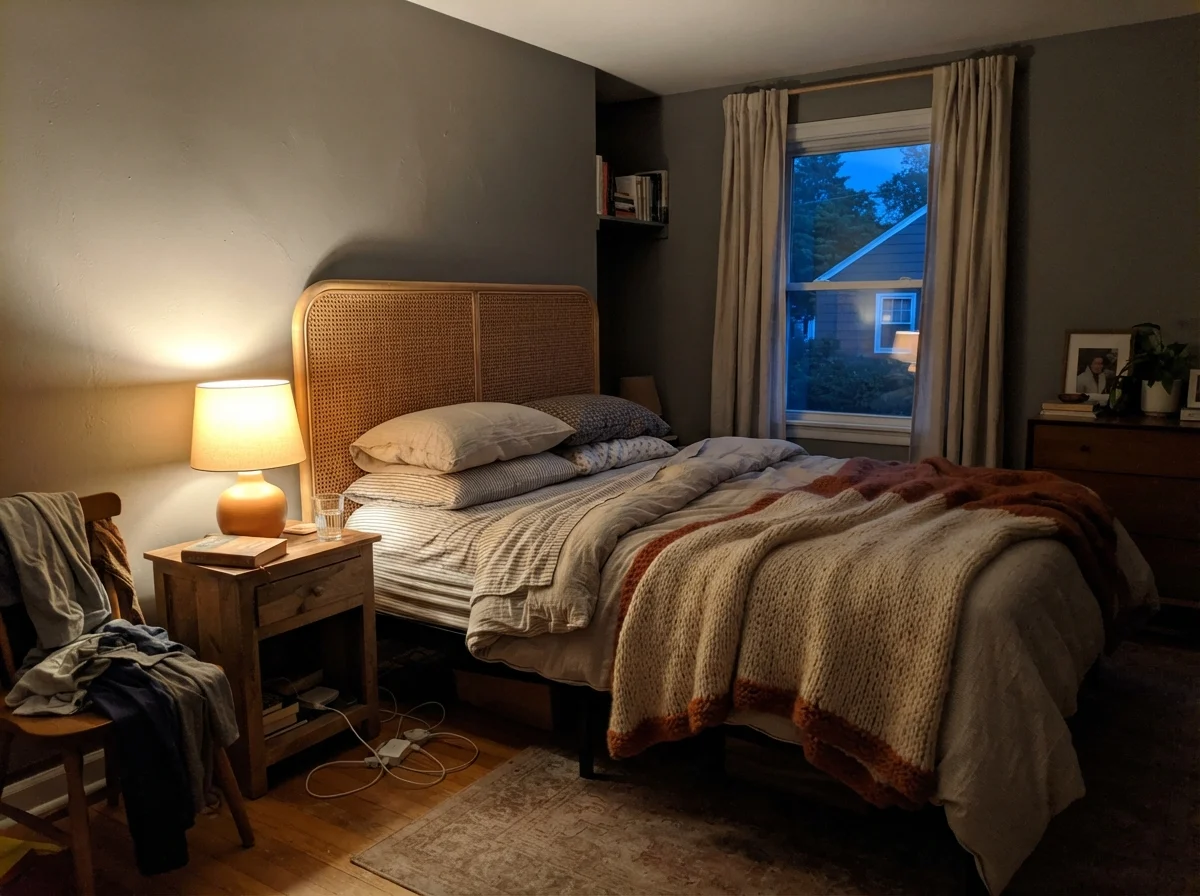 Bedroom wall painted Chelsea Gray illuminated by a warm lamp beside a rattan headboard.