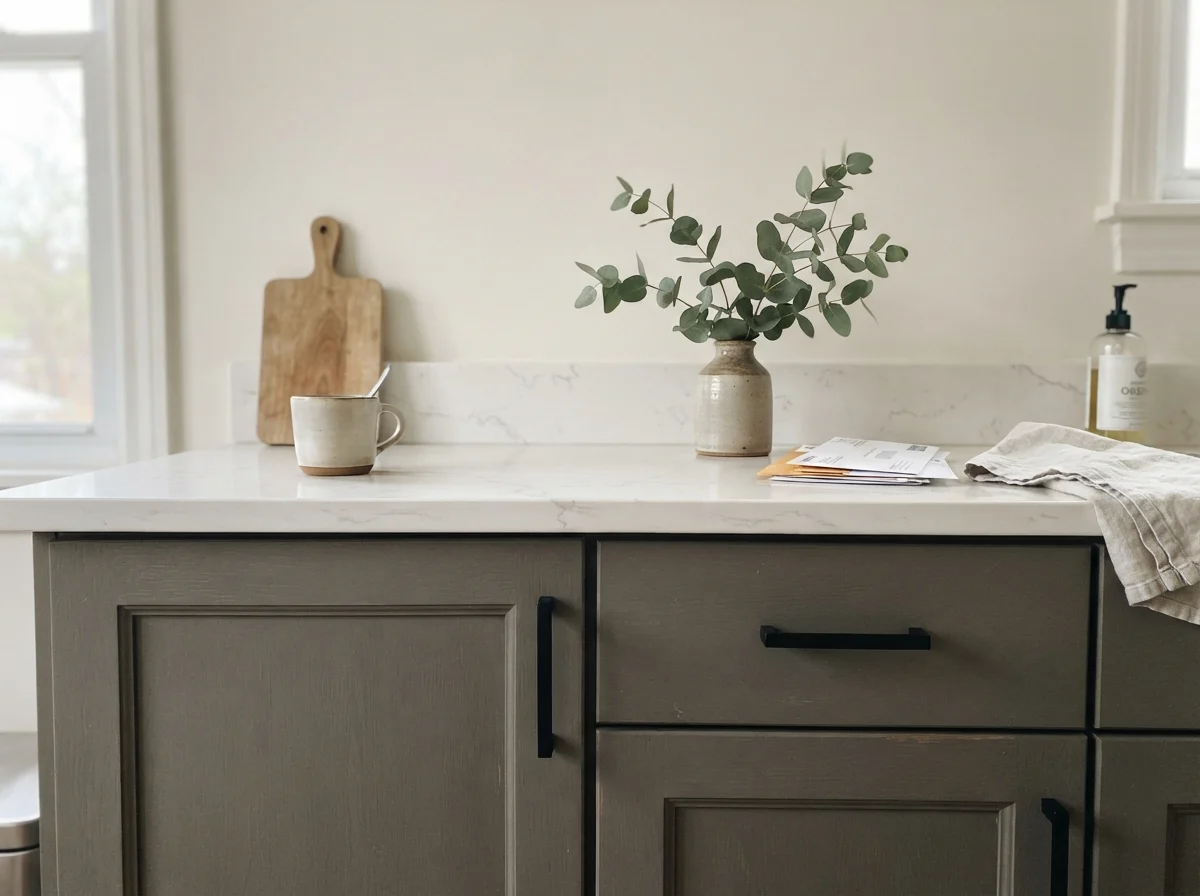 Close-up of Chelsea Gray shaker cabinets with matte black hardware and quartz counter.