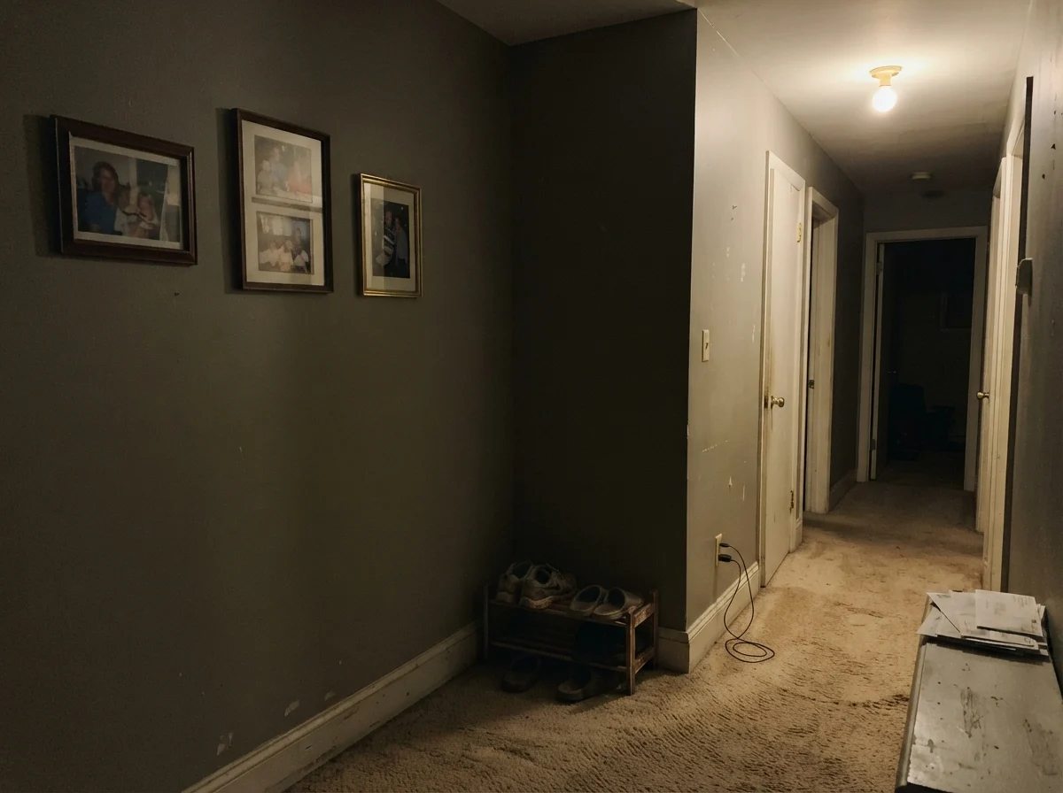 Dim windowless hallway corner with muddy, flat painted walls and beige carpet.