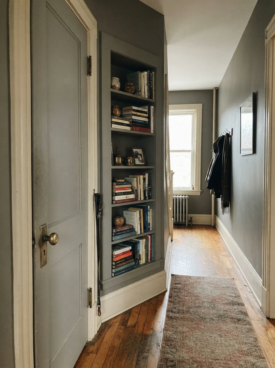 Built-in bookshelf and interior door painted Chelsea Gray against cream walls.