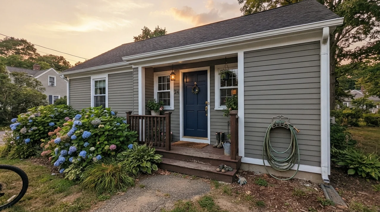 House exterior siding painted Chelsea Gray with white trim and dark navy front door.