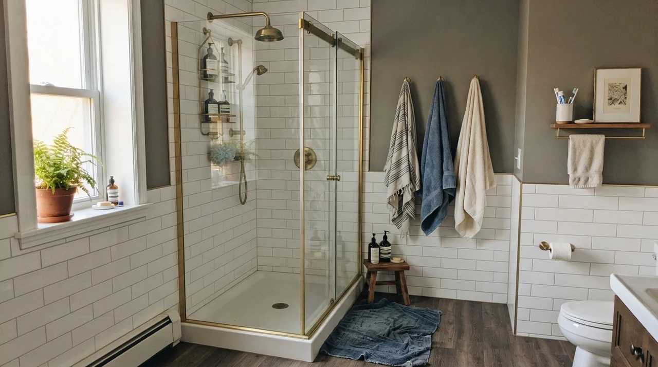 Upper bathroom walls painted Chelsea Gray above white subway wainscoting with brass fixtures and glass shower door.